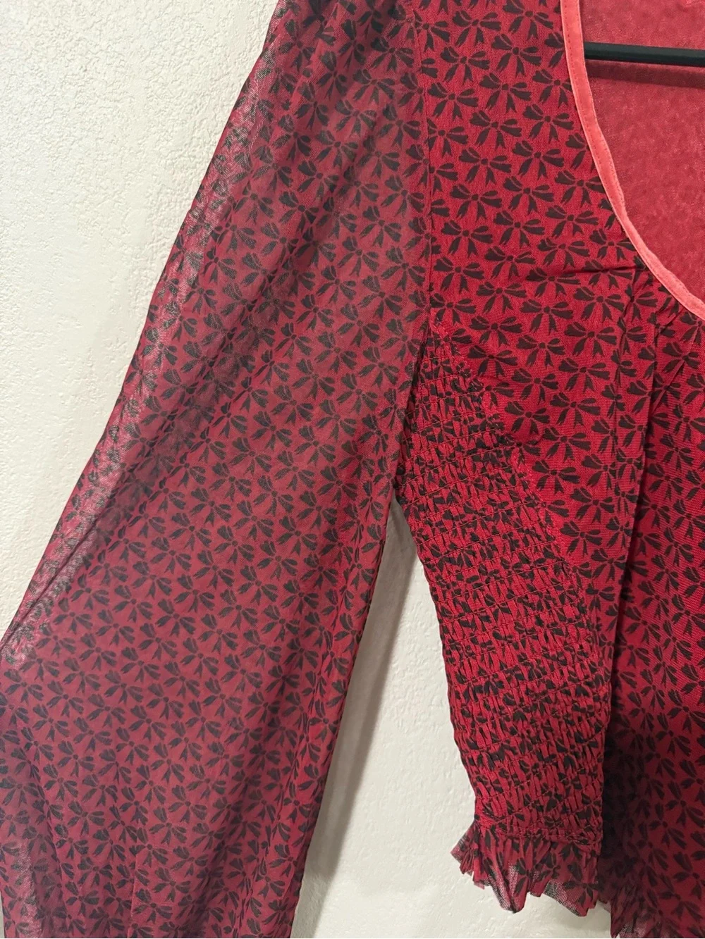 Free People Dottie Bow Print Sheer Sleeve Smocked Top Size Small